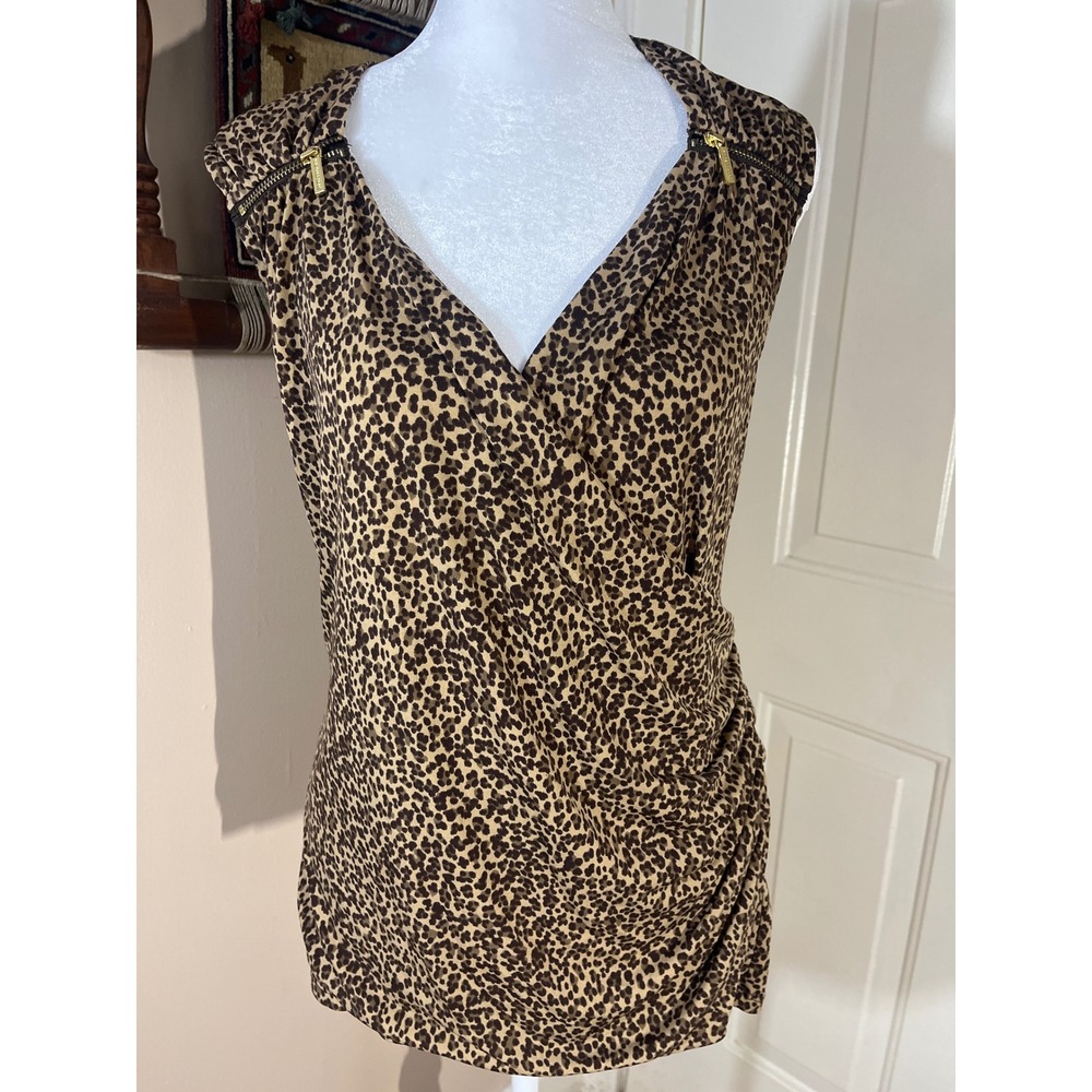 Michael Michael Kors Blouse Womens XL Brown Leopard Wrap Side Ruched Zipper Top